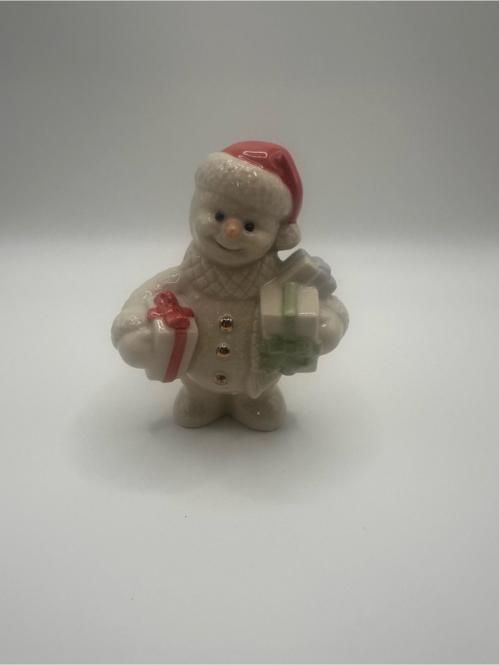 Lenox White Snowman Figurine with Red Hat and Green Gift Accents
